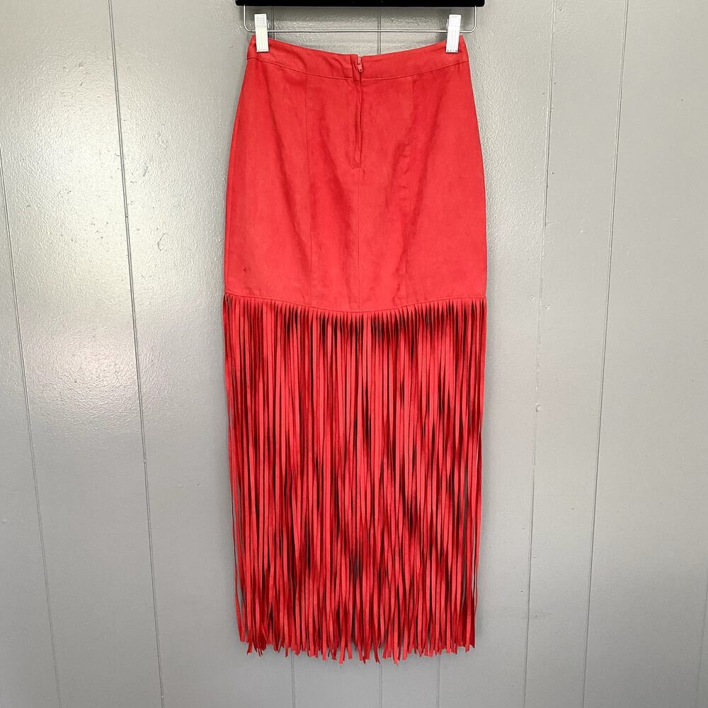 H&M x Coachella Red Faux Suede Fringe Fitted Boho Festival Maxi Skirt 2 - Picture 4 of 7